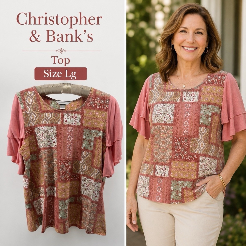 Christopher & Banks Patchwork Boho Chic Top L Pink Floral Cottagecore Cute